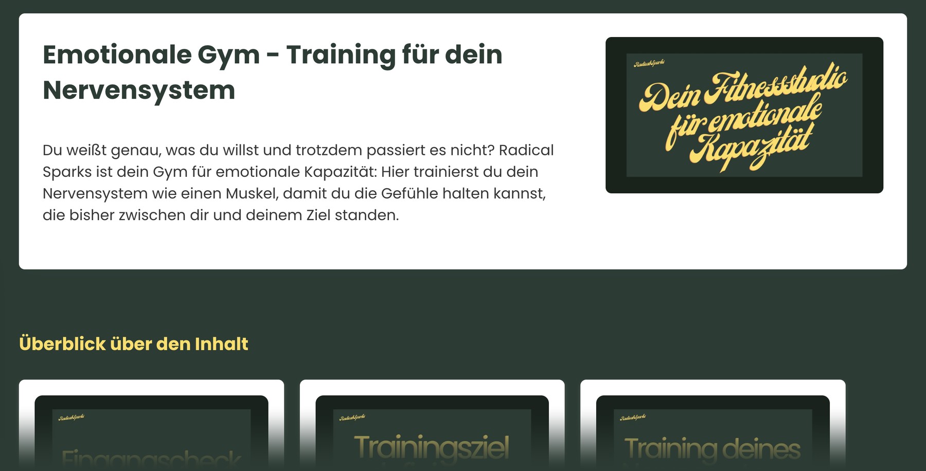 Blick in den Mitgliederbereich des Emotions-Gym mit Startseite und Überblick über die Kurse