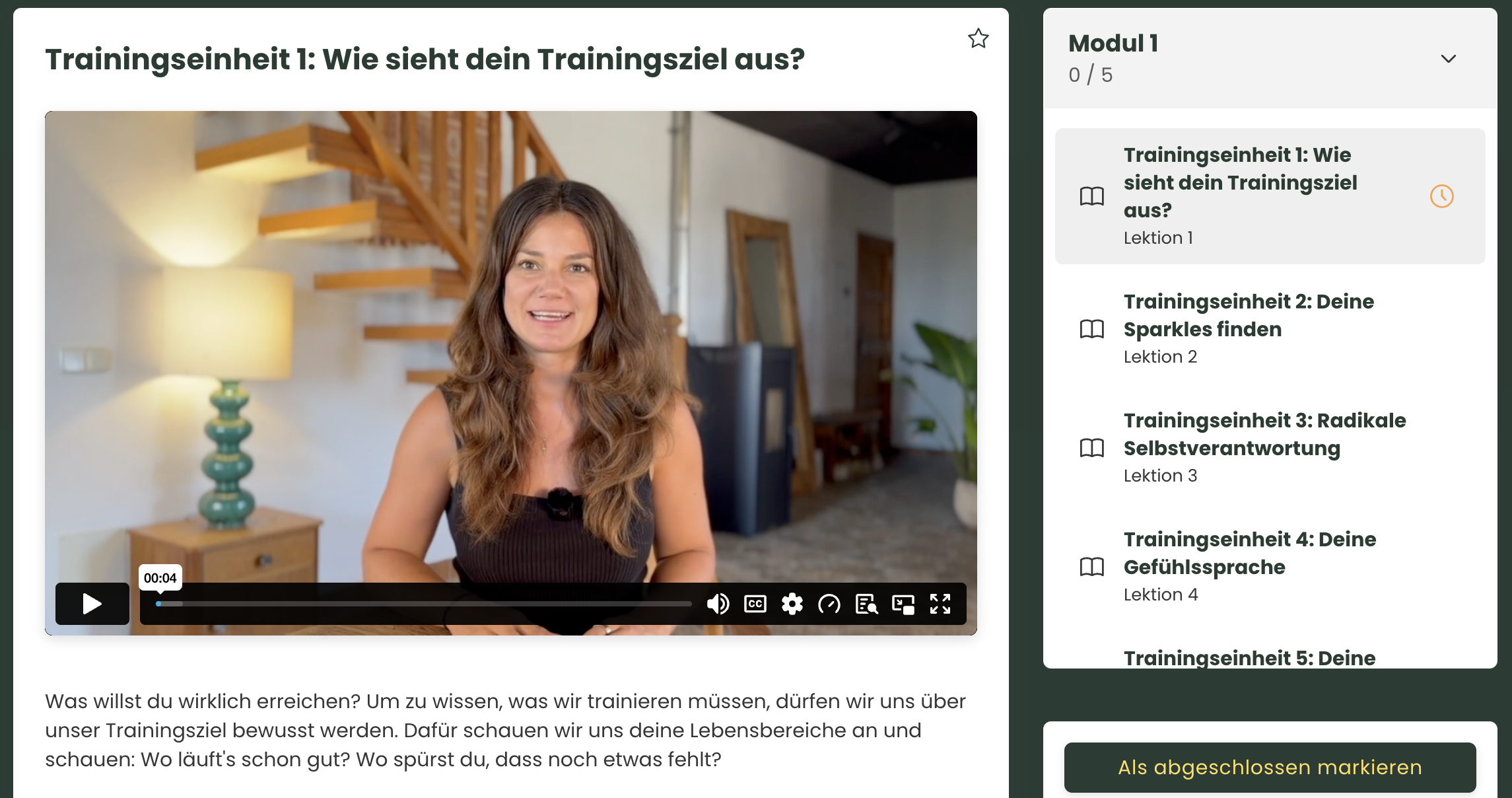 Trainingseinheit 1 mit Alexandra im Video, Mitgliederbereich